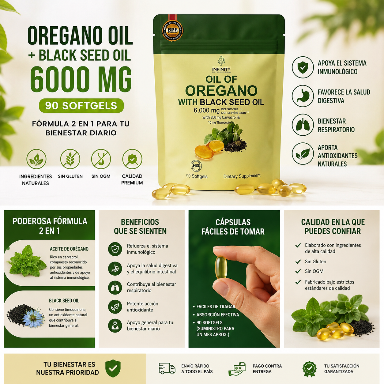 Oregano Oil + Black Seed Oil 6000 mg | Refuerzo Natural para tus Defensas (90 Softgels)