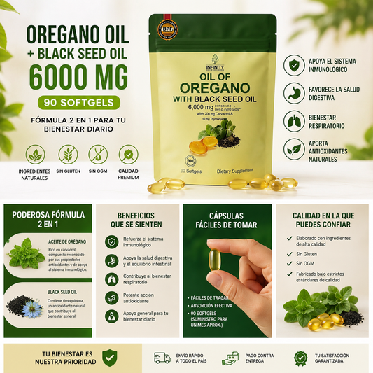 Oregano Oil + Black Seed Oil 6000 mg | Refuerzo Natural para tus Defensas (90 Softgels)